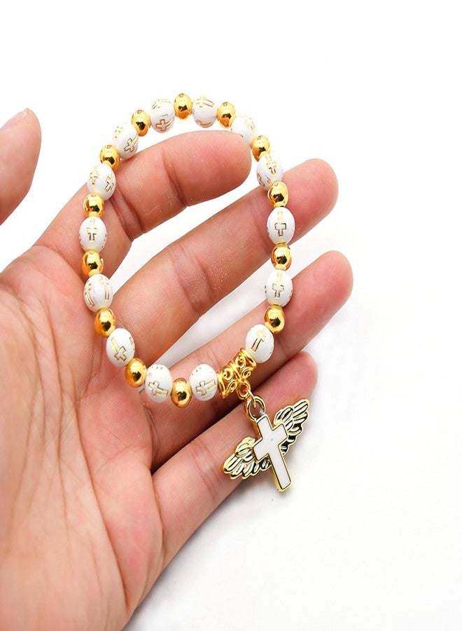CACALOSS Angel Wing Cross Bracelet Religious Rosary for Baptism Church Event Women Gold - Image 2